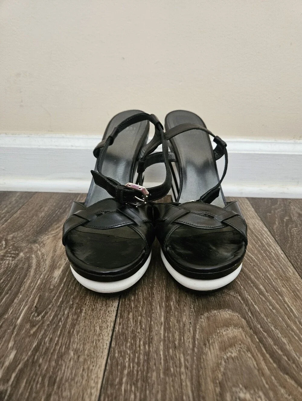 Stuart Weitzman Black And White Wedge Ankle-Strap Sandals, Size 8.5